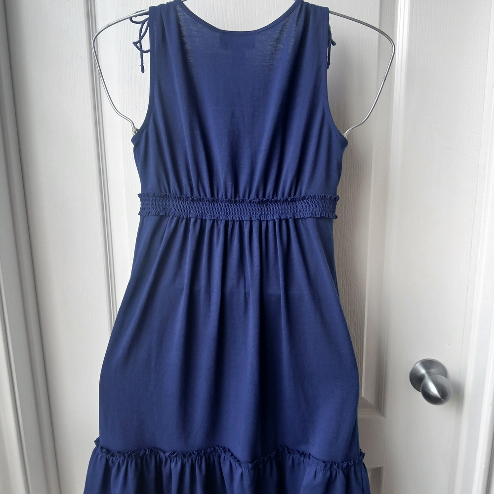 3/$15 LOFT Blue Ruched Ruffled Mini Sundress - Picture 4 of 4